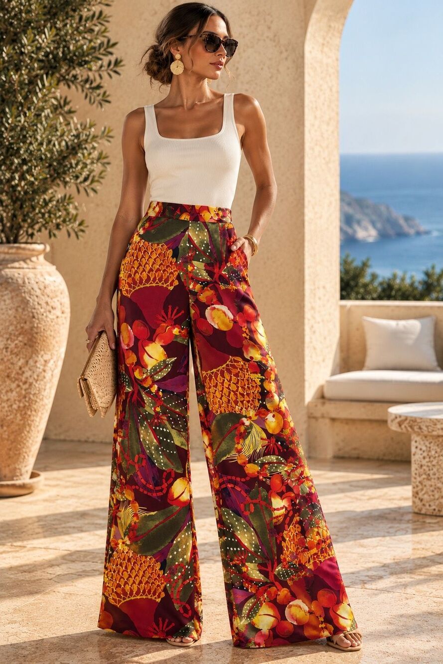 NWT Andrea Iyamah Tropical Print High Rise Wide Leg Pants Size Small